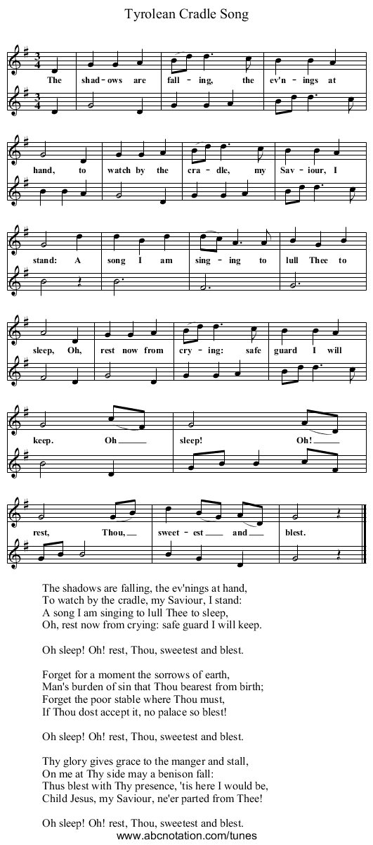 Tyrolean Cradle Song - staff notation