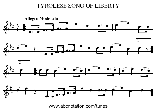 TYROLESE SONG OF LIBERTY - staff notation