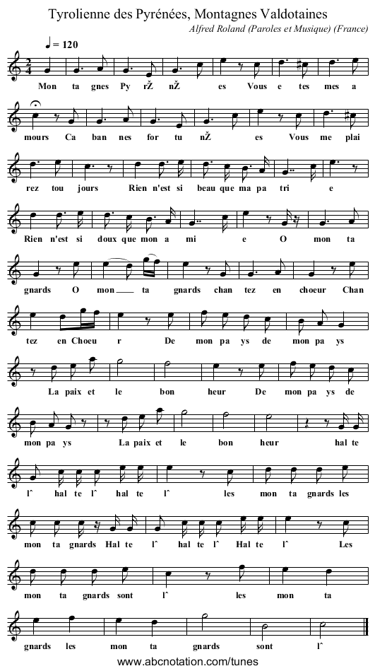 Tyrolienne des Pyrénées, Montagnes Valdotaines - staff notation