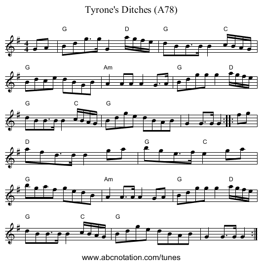 Tyrone's Ditches (A78) - staff notation