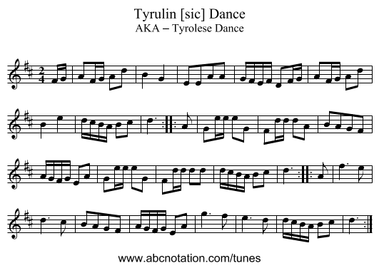 Tyrulin [sic] Dance - staff notation