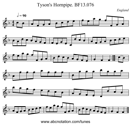Tyson's Hornpipe. BF13.076 - staff notation