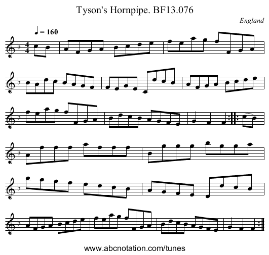 Tyson's Hornpipe. BF13.076 - staff notation