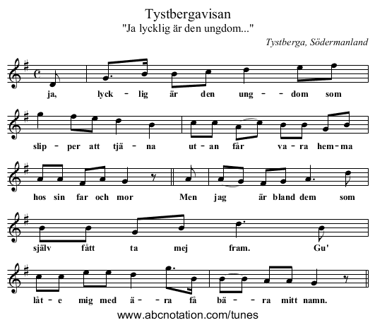 Tystbergavisan - staff notation