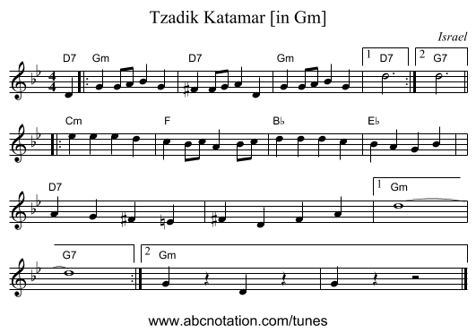 Tzadik Katamar [in Gm] - staff notation