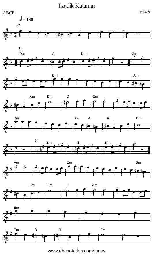 Tzadik Katamar - staff notation