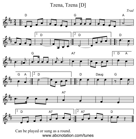 Tzena, Tzena [D] - staff notation
