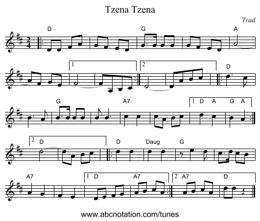 Tzena, Tzena - staff notation