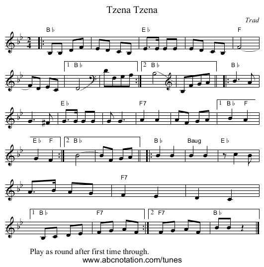 Tzena, Tzena - staff notation