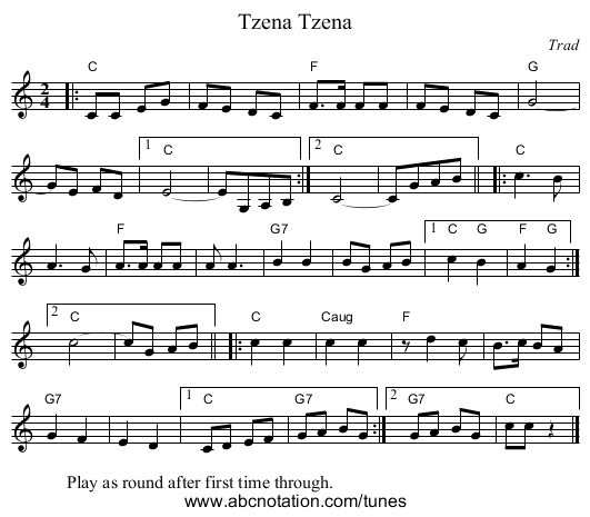 Tzena, Tzena - staff notation