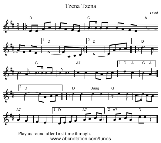 Tzena, Tzena - staff notation
