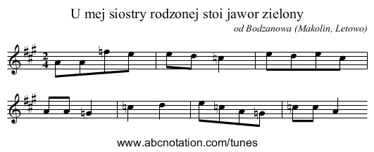 U mej siostry rodzonej stoi jawor zielony - staff notation