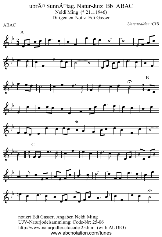 ubrÃ¤ SunnÃ¤tag. Natur-Juiz  Bb  ABAC - staff notation