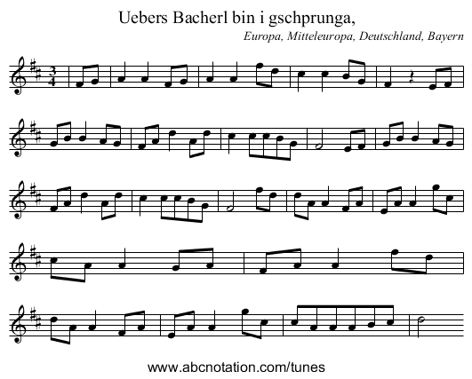 Uebers Bacherl bin i gschprunga, - staff notation