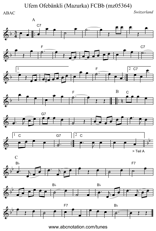 Ufem Ofebänkli (Mazurka) FCBb (mz05364) - staff notation