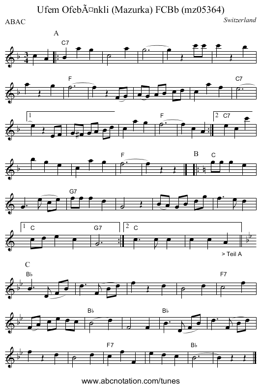 Ufem OfebÃ¤nkli (Mazurka) FCBb (mz05364) - staff notation
