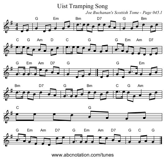 Uist Tramping Song - staff notation