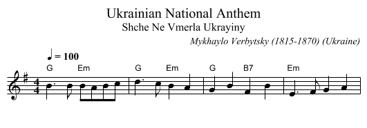 Ukrainian National Anthem - staff notation