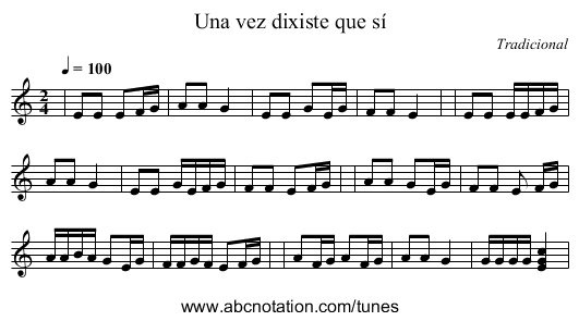 Una vez dixiste que sí - staff notation