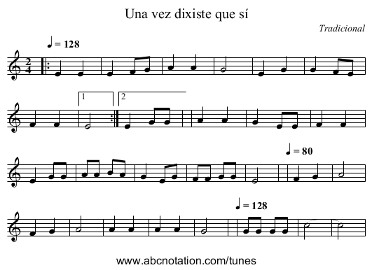 Una vez dixiste que sí - staff notation