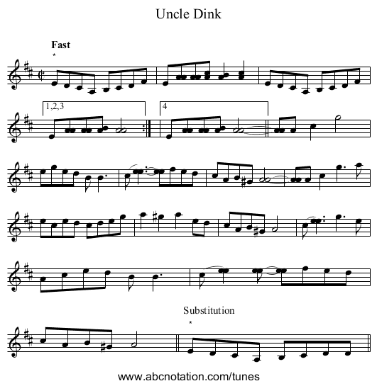 Uncle Dink - staff notation
