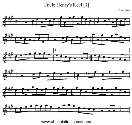 Uncle Henry's Reel [1] - staff notation