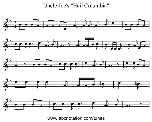 Uncle Joe's Hail Columbia - staff notation