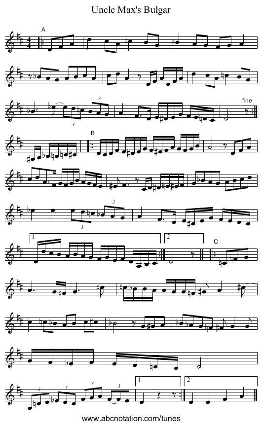 Uncle Max's Bulgar - staff notation