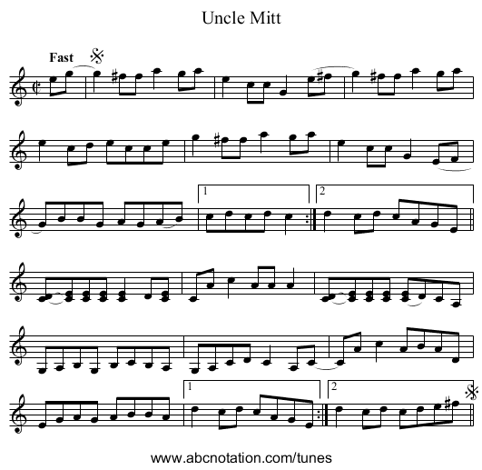 Uncle Mitt - staff notation