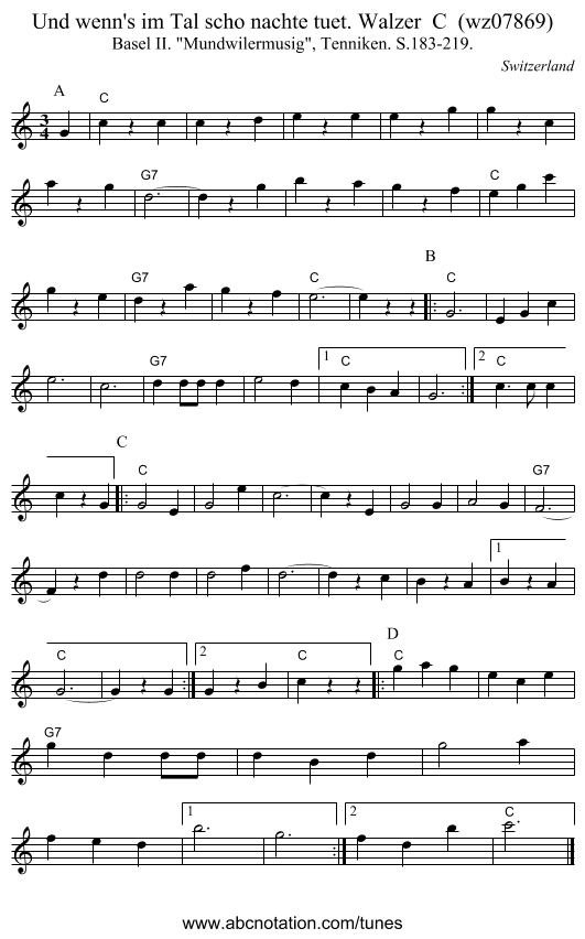 Und wenn's im Tal scho nachte tuet. Walzer  C  (wz07869) - staff notation