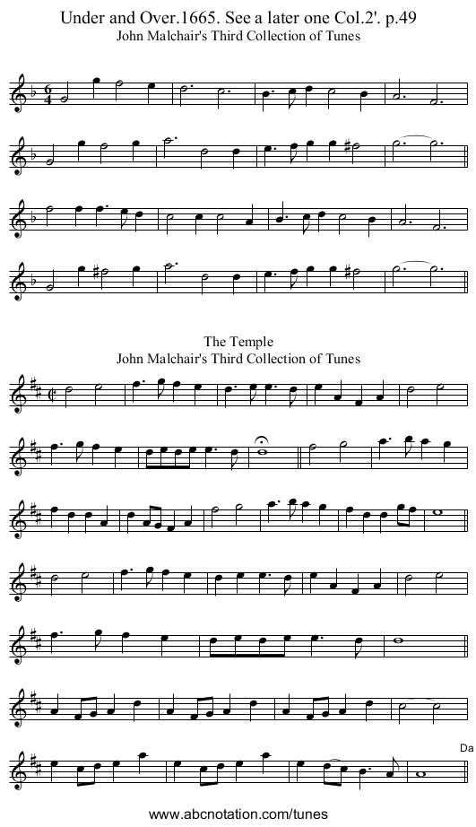 Under and Over.1665. See a later one Col.2'. p.49 - staff notation