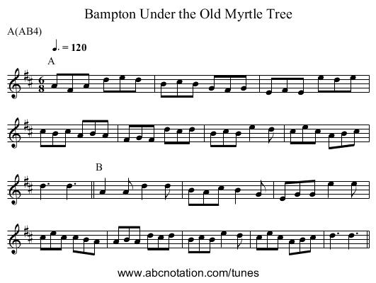Under the Old Myrtle Tree, Bampton - staff notation