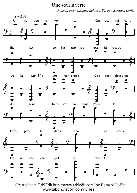 Une souris verte - staff notation