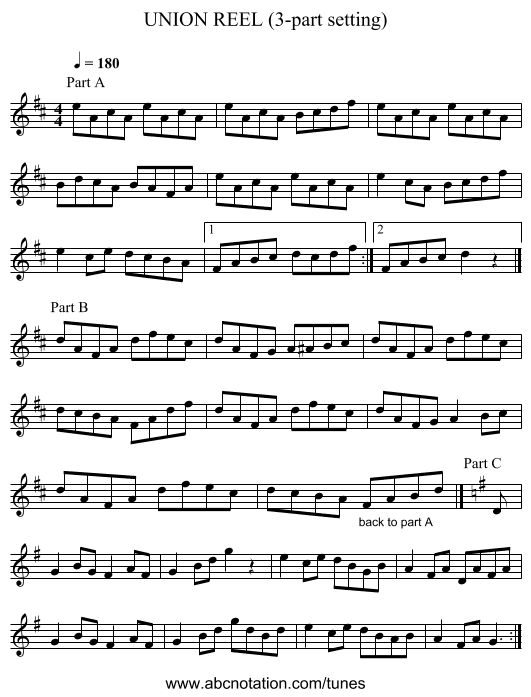 UNION REEL (3-part setting) - staff notation