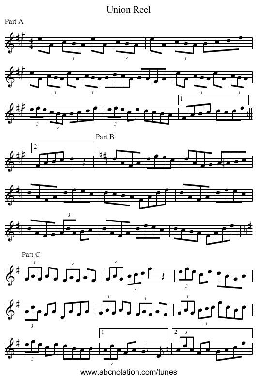 Union Reel - staff notation