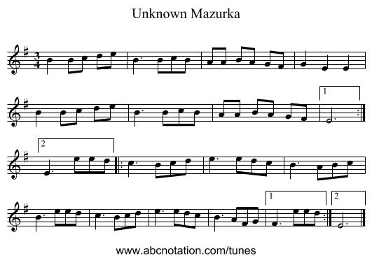 Unknown Mazurka - staff notation