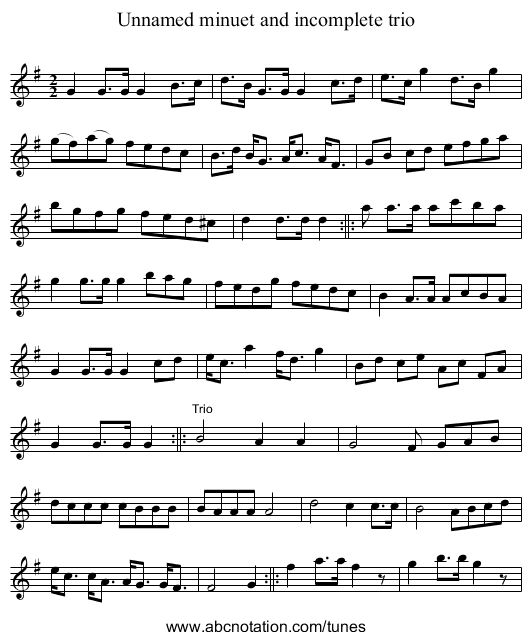 Unnamed minuet and incomplete trio - staff notation