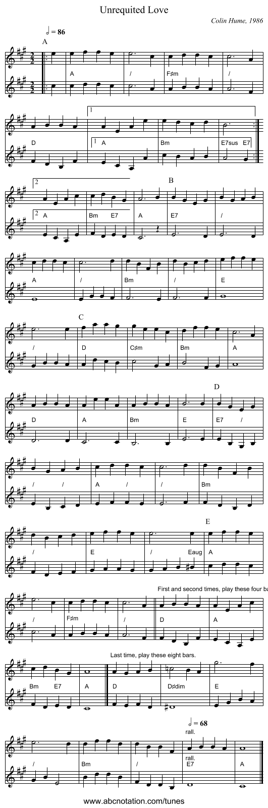 Unrequited Love - staff notation