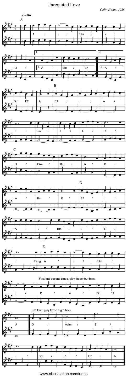 Unrequited Love - staff notation