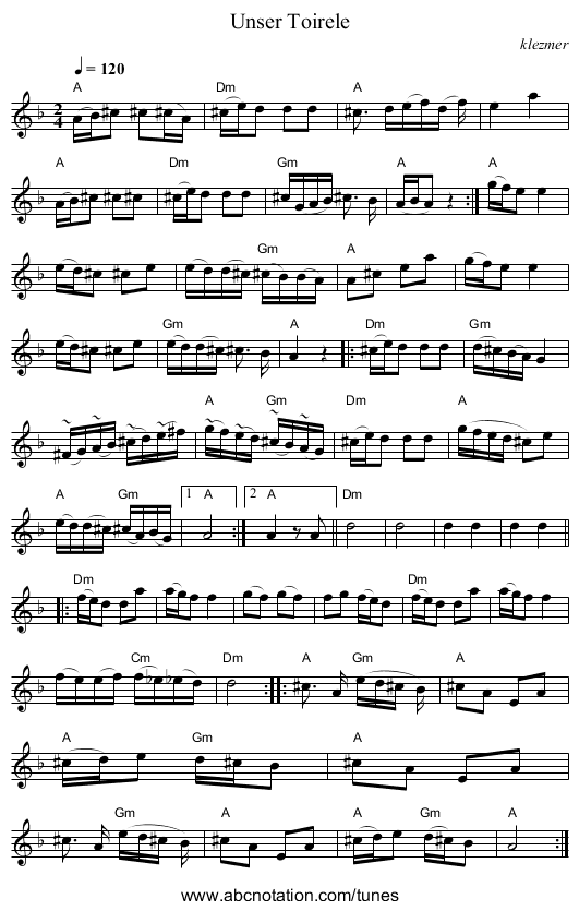 Unser Toirele - staff notation