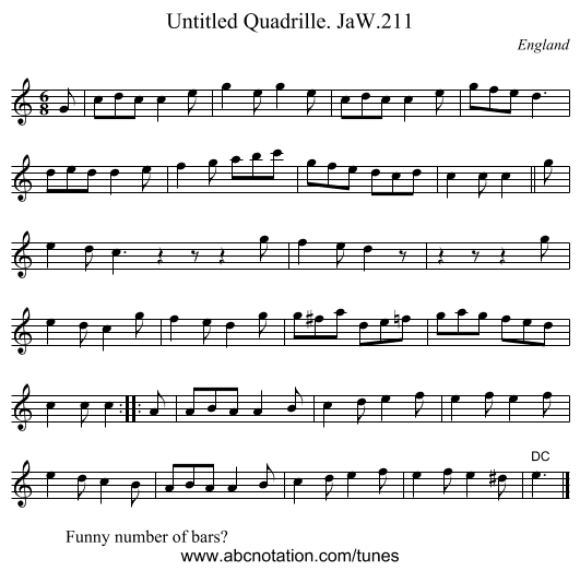 Untitled Quadrille. JaW.211 - staff notation