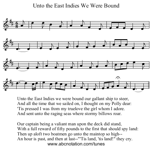 Unto the East Indies We Were Bound - staff notation