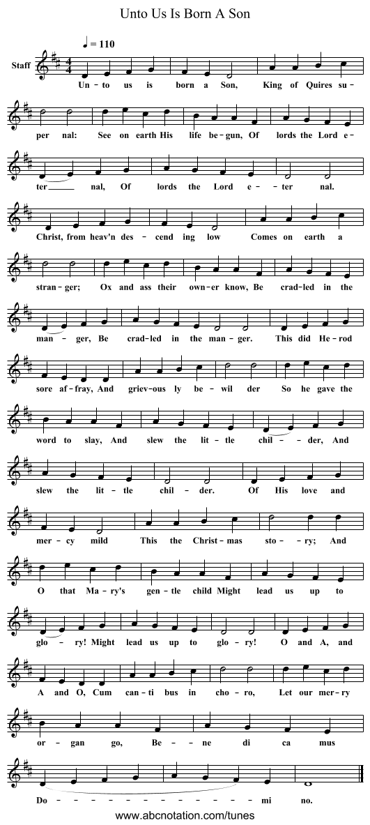 Unto Us Is Born A Son - staff notation