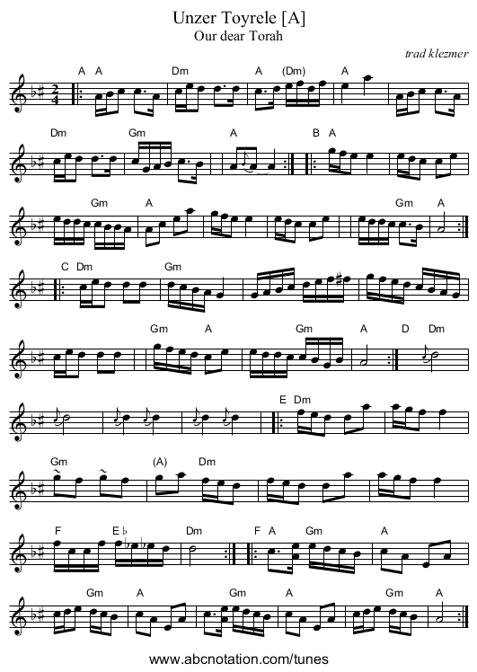 Unzer Toyrele [A] - staff notation