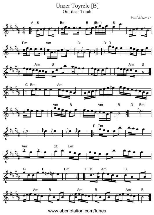 Unzer Toyrele [B] - staff notation