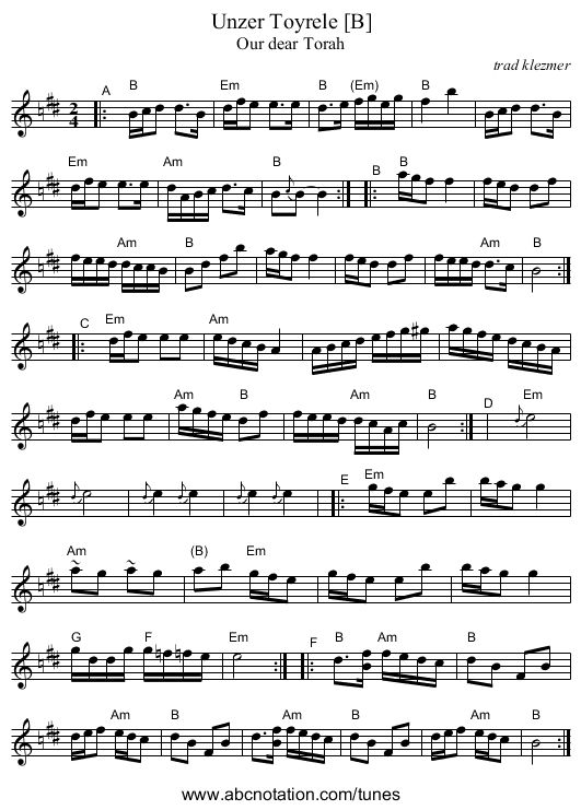 Unzer Toyrele [B] - staff notation