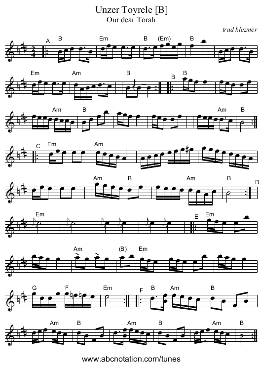 Unzer Toyrele [B] - staff notation