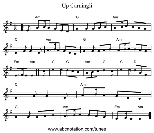 Up Carningli - staff notation