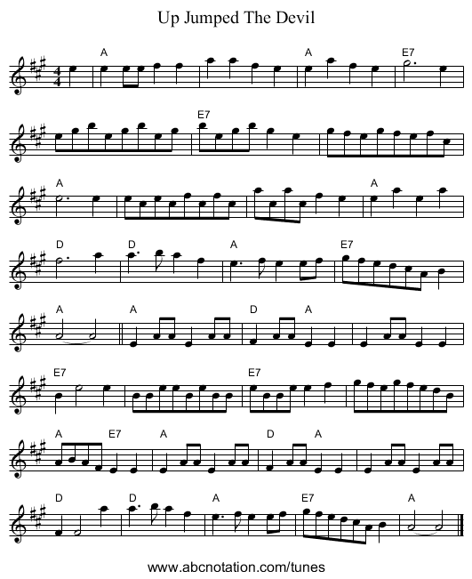 Up Jumped The Devil - staff notation