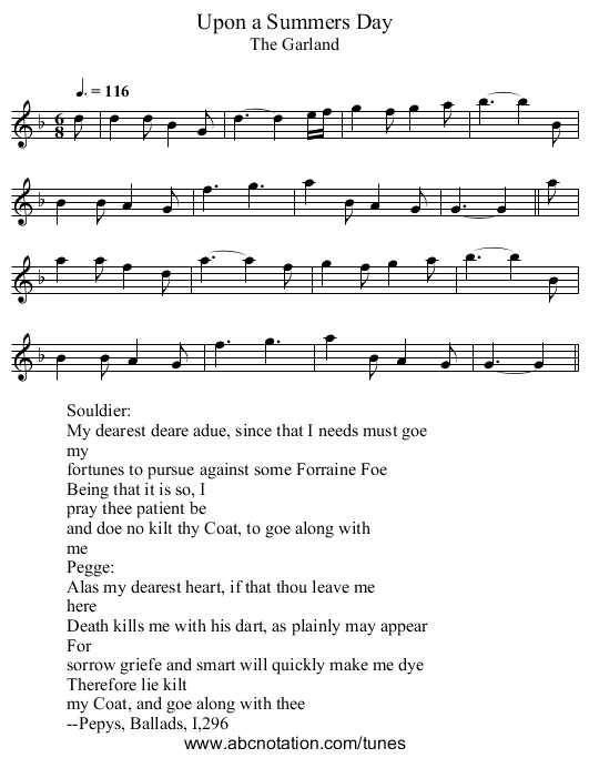 Upon a Summers Day - staff notation